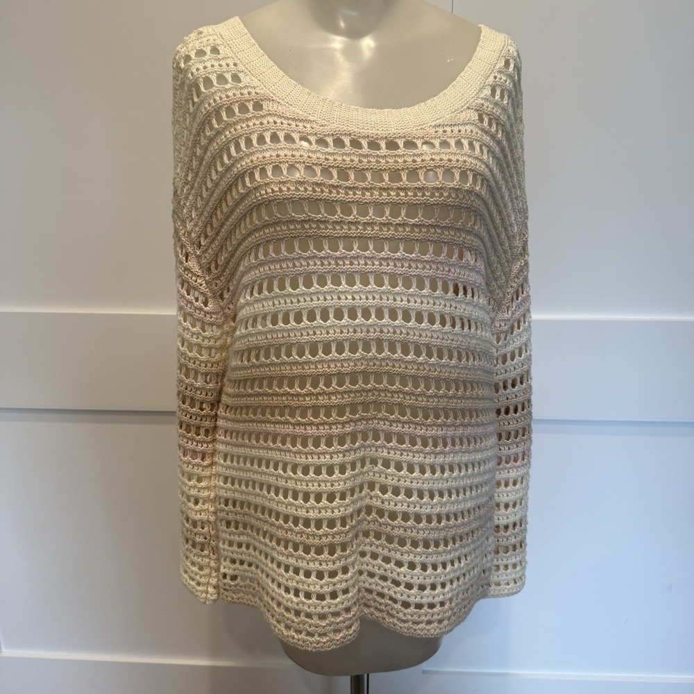 GAPโ Crochet Pullover Sweater Open Knit Cream Ombrรฉ Boho Coastal Bell Sleeve MED